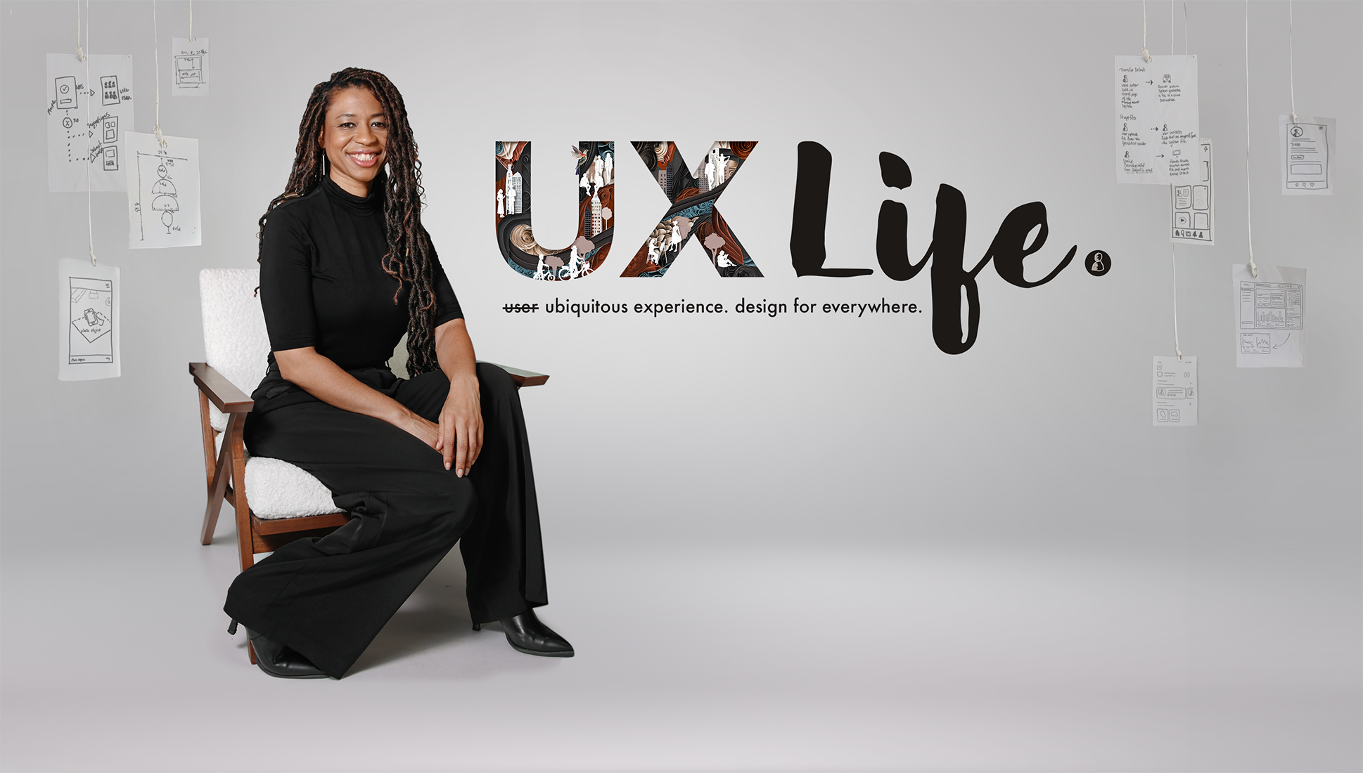 UX Life brand photo. Image of Thelma Van and her UX Life logo. UI drawings around her.